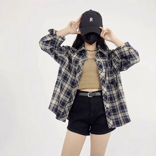 2026春款流行爆款复古格子衬衫女开衫外搭宽松长袖bf漂亮穿搭上衣