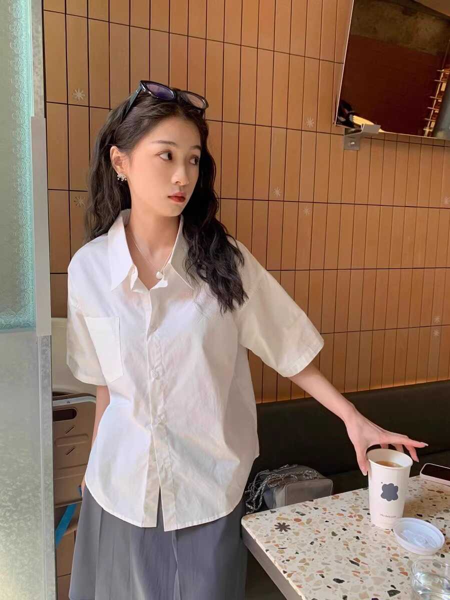 衬衣设计感polo领白色慵懒宽松