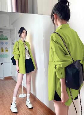 绿色衬衫女内搭叠穿长袖上衣新款设计感小众宽松开衫衬衣外套