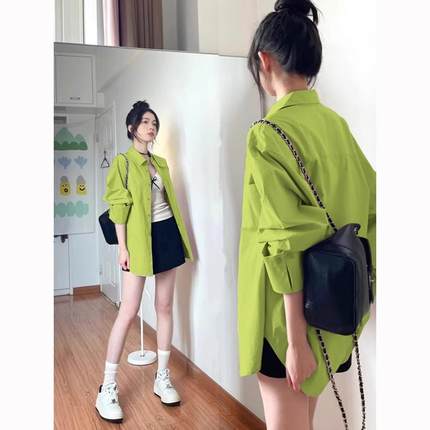 绿色衬衫女内搭叠穿长袖上衣新款设计感小众宽松开衫衬衣外套