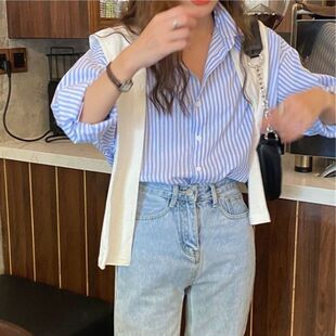高级感蓝色条纹衬衫女外穿春秋季叠穿新款韩范小众复古港味衬衣