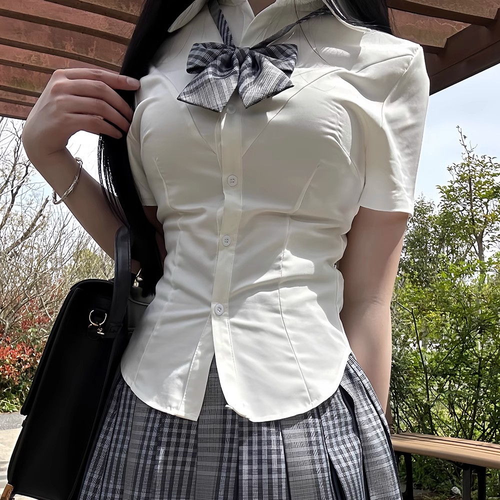 收腰衬衫女短长袖修身jk制服学院风职业掐腰甜辣纯欲白色学生上衣