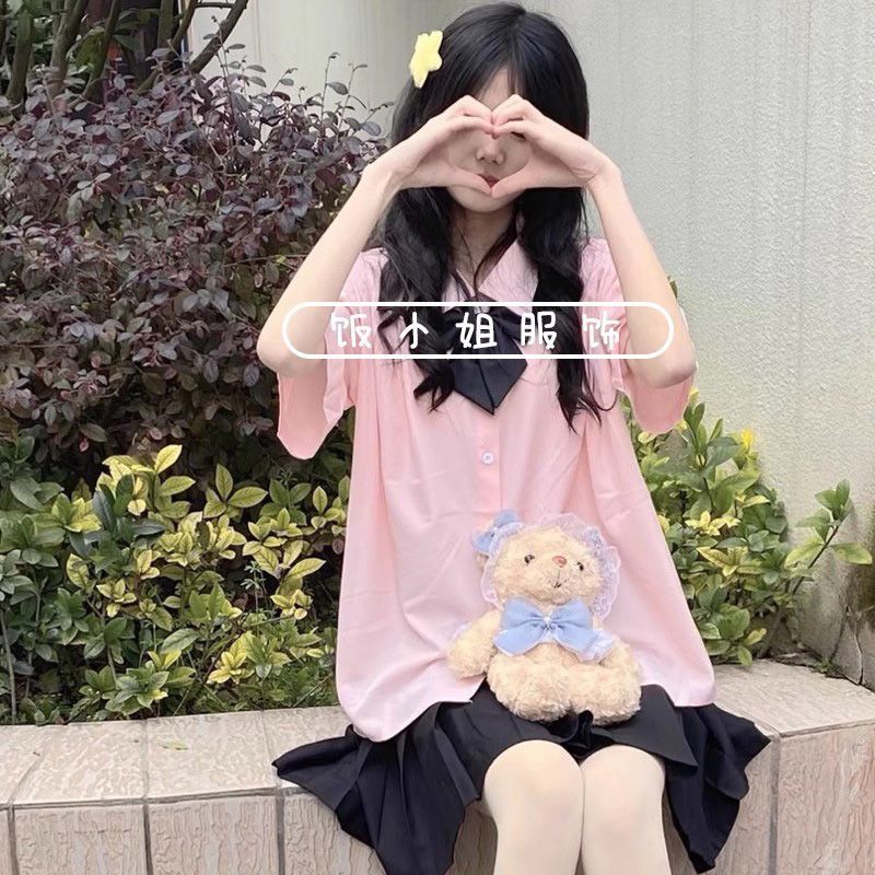 上衣蝴蝶结粉色短袖jk学院风宽松