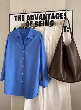 2025宝蓝色衬衫女新款纯色新品显白宽松复古长袖衬衣叠穿衬衣韩版