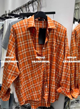 美式橙色格纹长袖衬衫男女慵懒设计感多巴胺情侣衬衣休闲外套潮