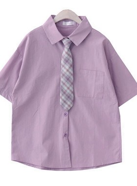 夏季紫色衬衫宽松纯色百搭学院风休闲polo领短袖衬衣简约上衣潮