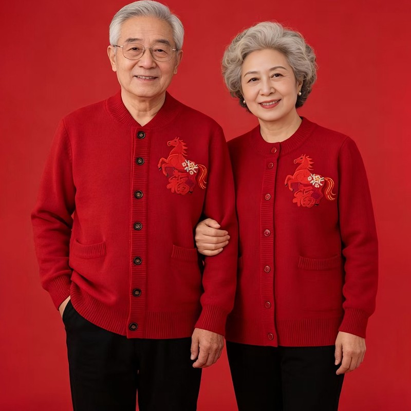 中老年红色毛衣爸爸妈妈情侣装马年本命年衣服刺绣羊毛衫加绒外套
