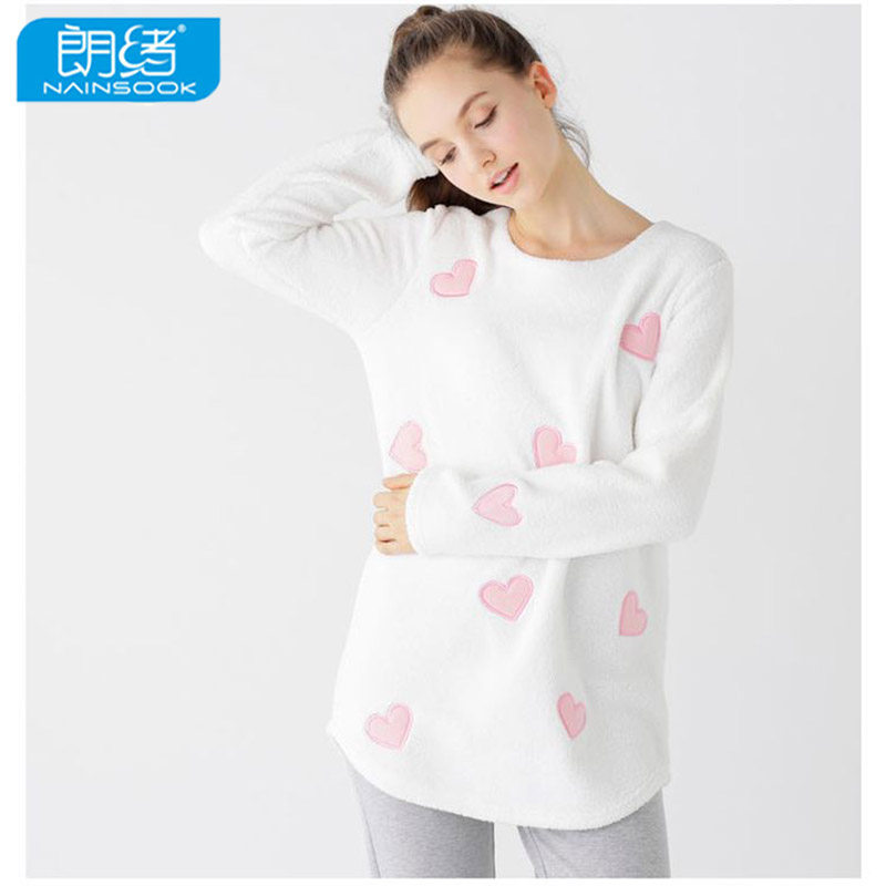 朗绪羊羔绒秋冬睡衣女新品超柔超细薄款可外穿圆领休闲家居套