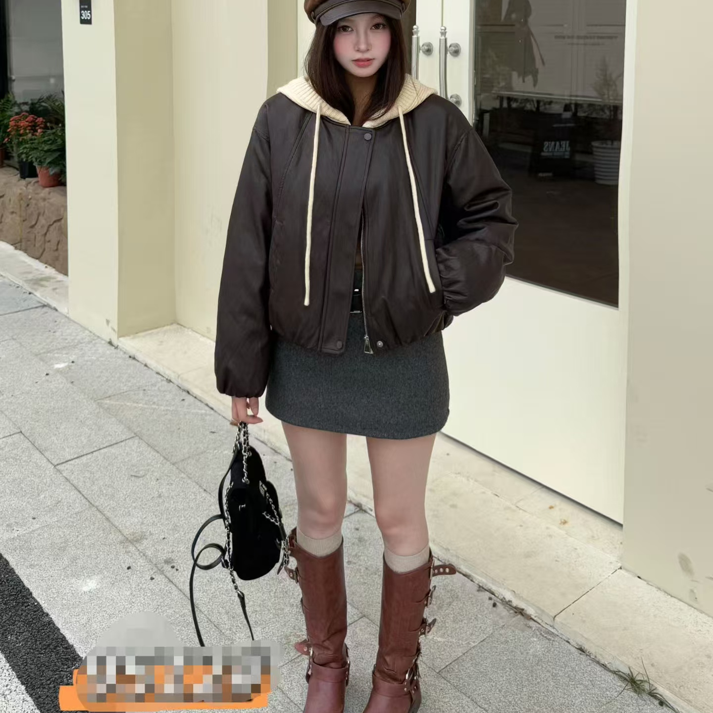 韩版设计感百搭连帽皮衣女2025冬新款宽松羽丝羽绒服外套夹克上衣