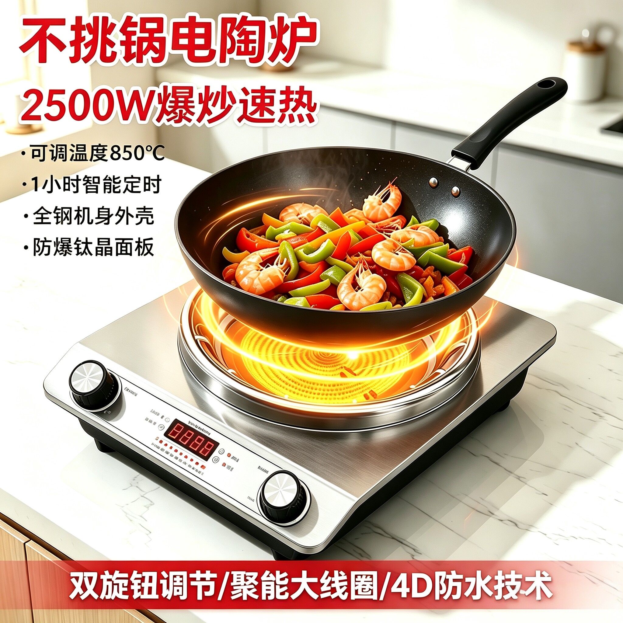 万和2500W大功率电陶炉家用多功能爆炒蒸煮定时钛晶光电灶双旋钮