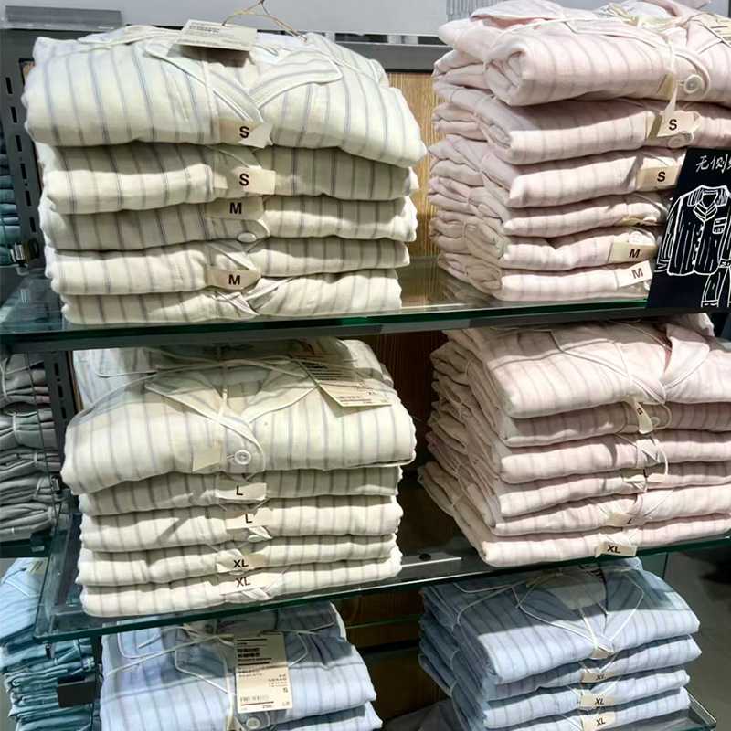 日式无印西川全棉双层纱家居服良品条纹新品长袖长裤女款睡衣新品