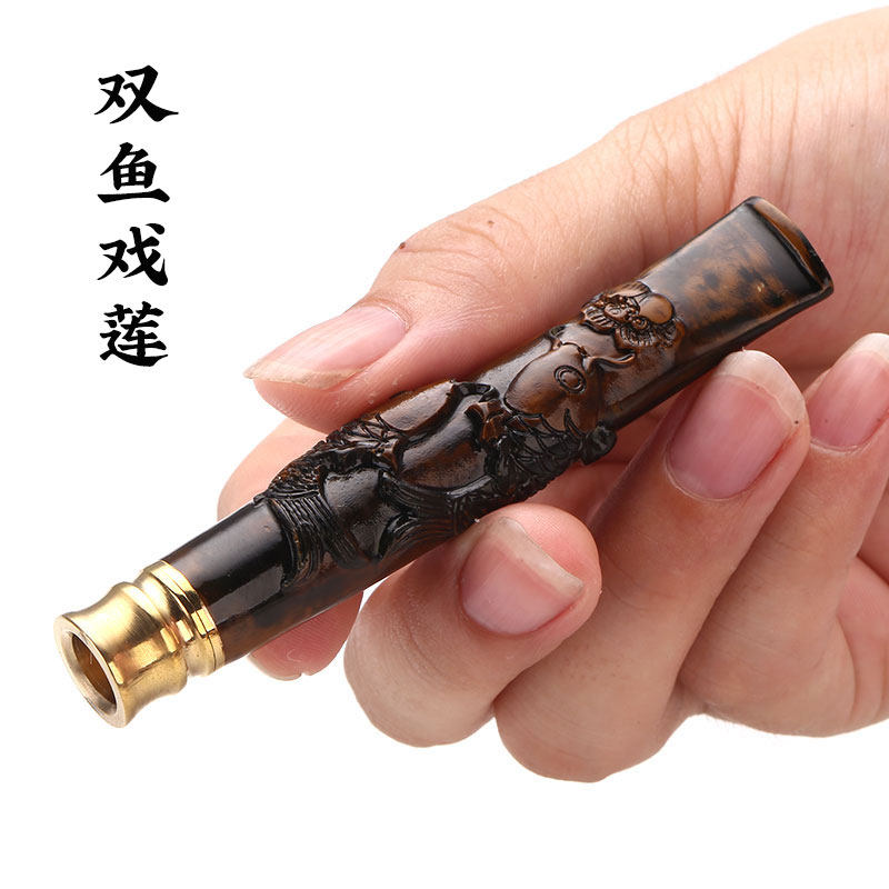 亿辉海柳木质烟嘴烟斗循环过滤器粗细两用男女通用血柳活柳雕刻鱼
