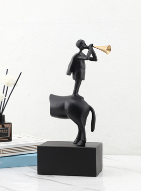 抽象金属吹唢呐马背少年雕塑摆件