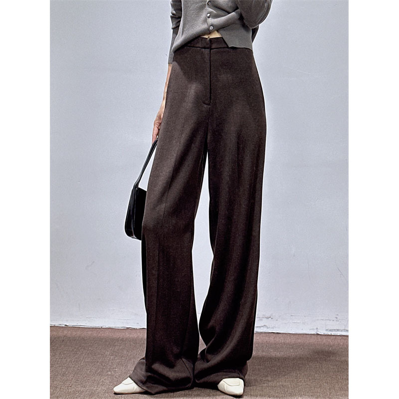 早春新款咖啡色裤子女含醋酸羊毛阔腿裤休闲直筒西装裤毛呢裤加长