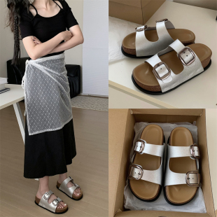 网红个性 户外穿高级感ins风百搭一字拖 银色双带方扣拖鞋 女士夏季