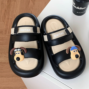 情侣运动风软厚底踩屎感双带拖鞋男女夏可爱大头小狗防滑外穿凉鞋