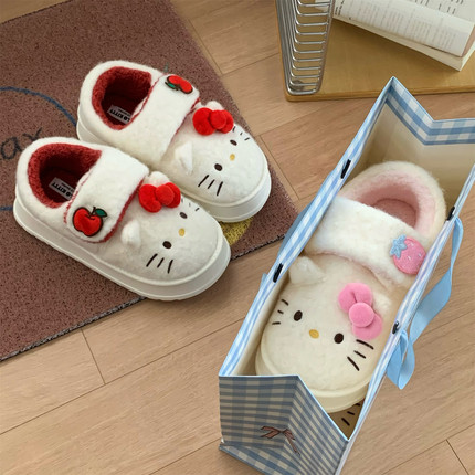 网红正版HelloKitty猫加绒面包鞋时尚防滑厚底女冬外穿魔术贴棉鞋