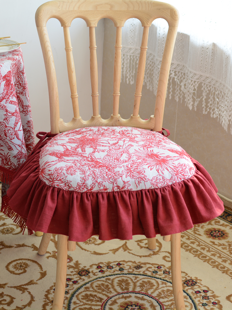 定制座椅垫新款 法式红色荷叶边 家用加厚餐椅垫 可拆洗坐垫一套