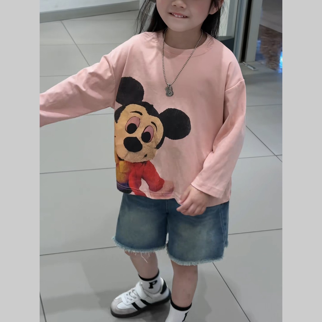 韩版长袖T恤2026春装新款女童卡通卫衣百搭宽松洋气上衣+牛仔中裤