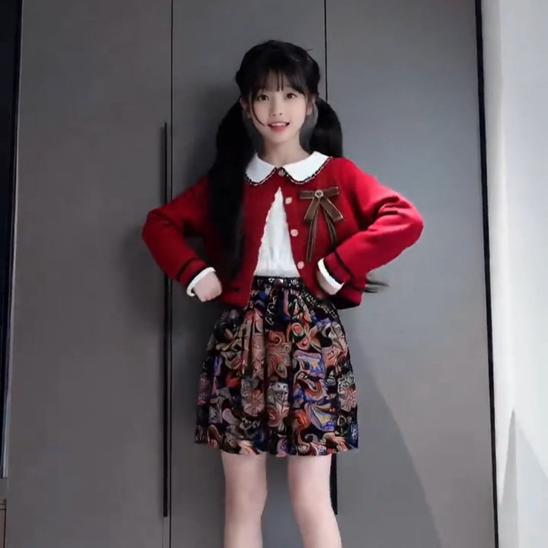 春款2025秋装新款女童针织毛衣套装小女孩开衫外套公主裙两件套