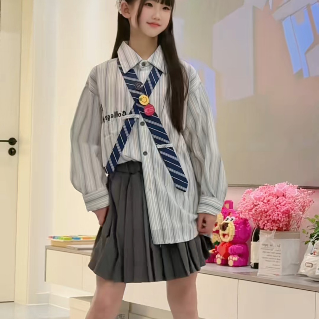 女童衬衫套装2025新款女大童学院条纹长袖百褶裙两件套学院风jk装
