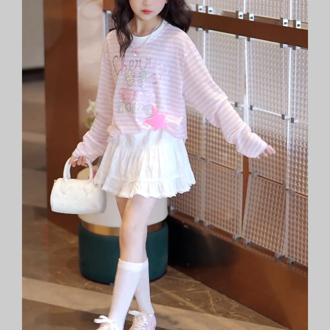 女童T恤条纹长袖薄防晒2026夏季新款中大童上衣韩版洋气公主套装