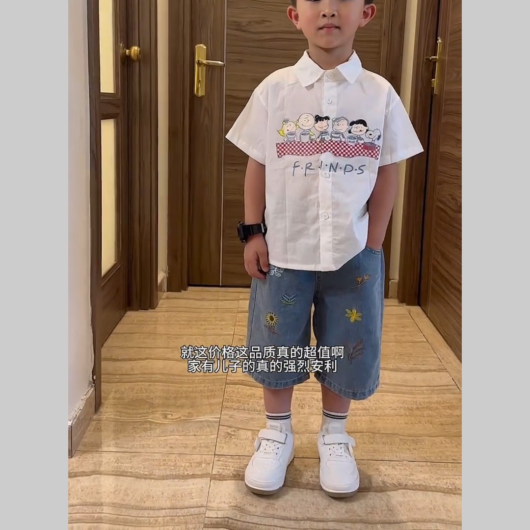 男童夏季2026新款韩版套装儿童卡通时尚衬衫短袖洋气牛仔刺绣短裤