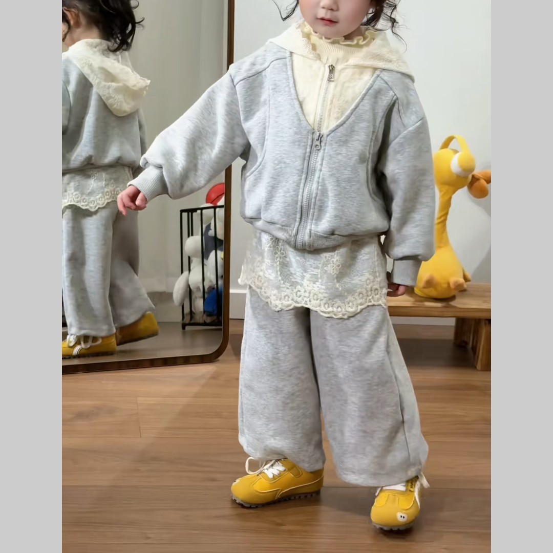 女童春装套装新款洋气外套儿童蕾丝女孩开衫春秋连帽两件套卫衣