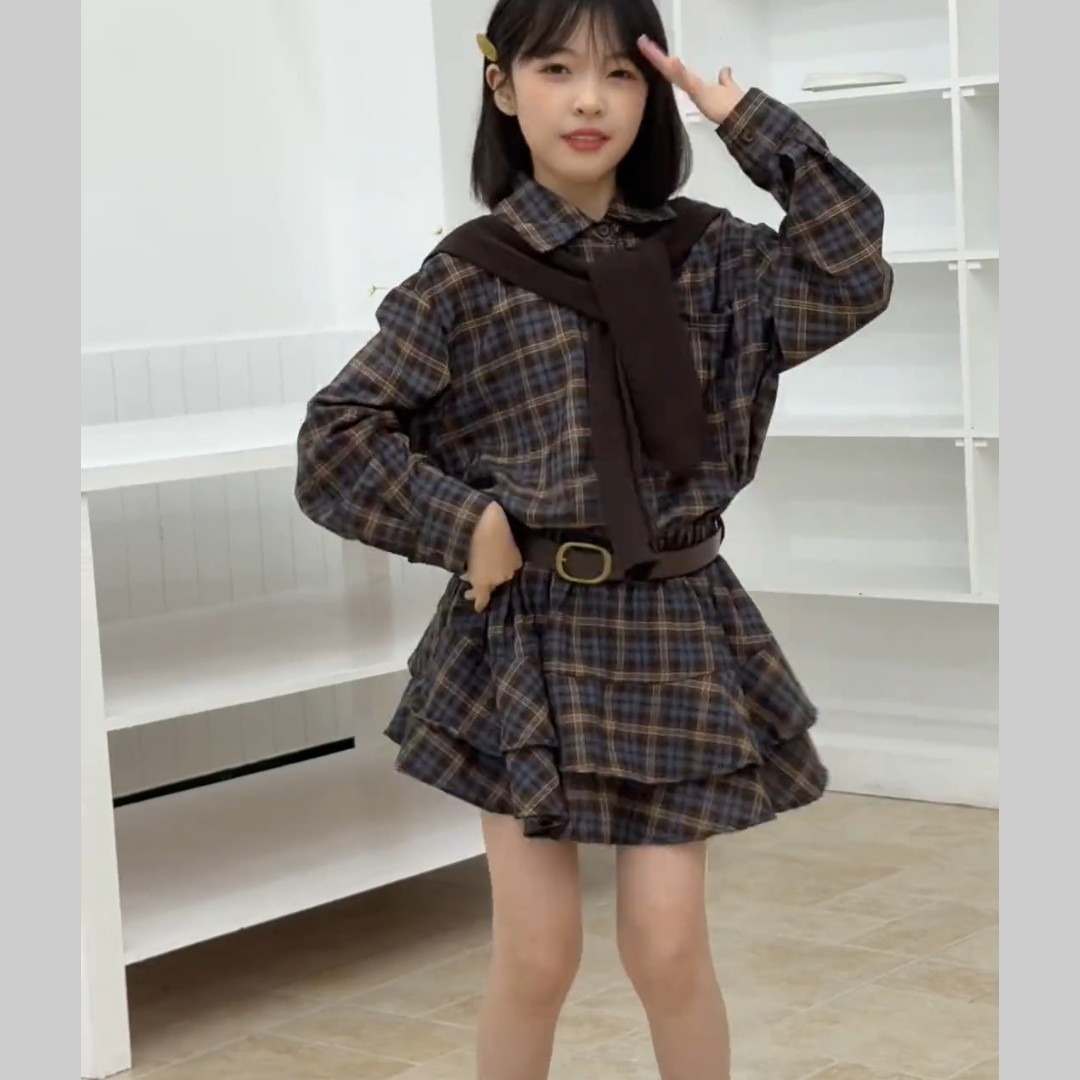女童英伦风复古格纹裙 春秋季中大童长袖衬衫裙韩版复古洋气修身