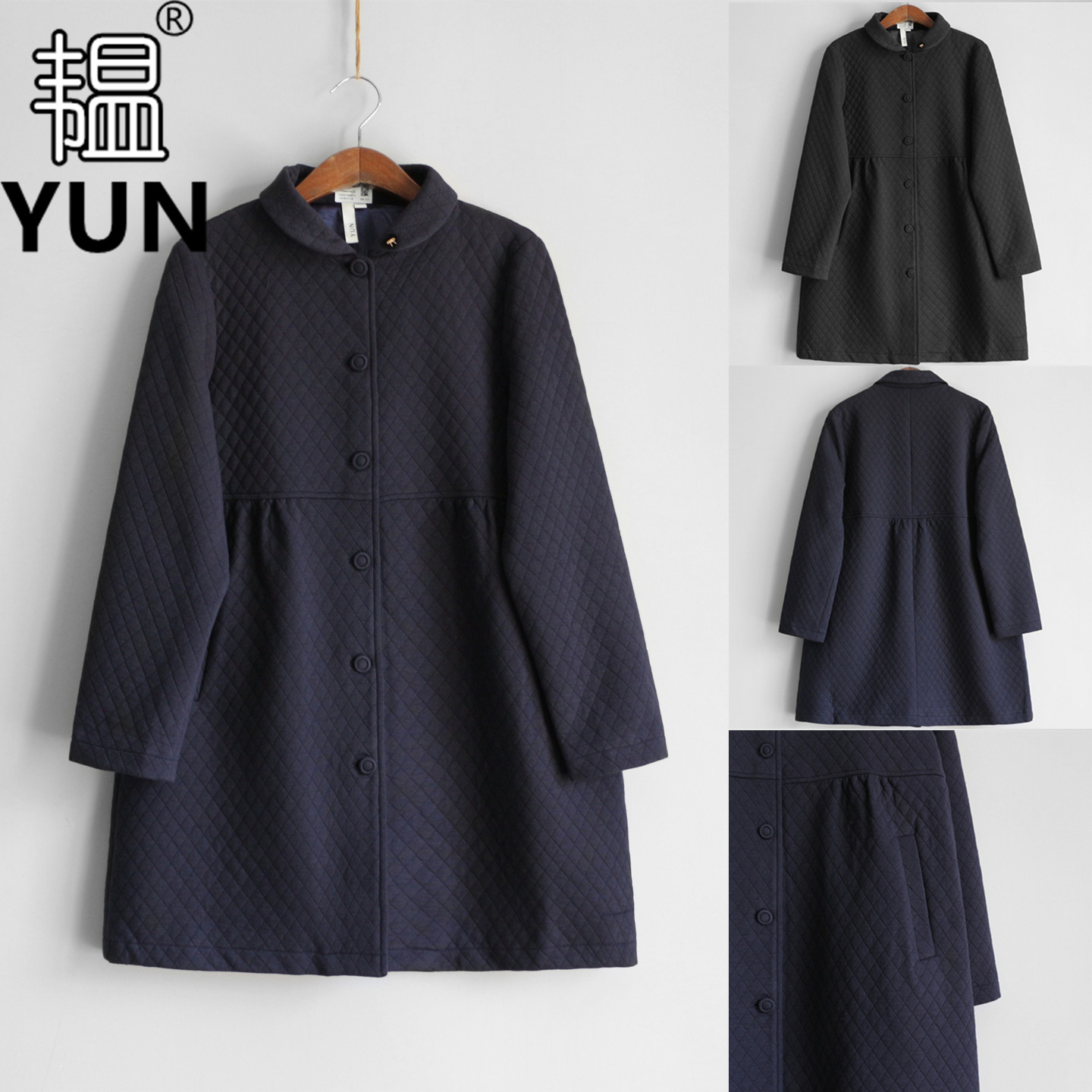 YUN韫2025秋新品女装翻领包布扣韩版气质中长款菱格夹棉外套 5956