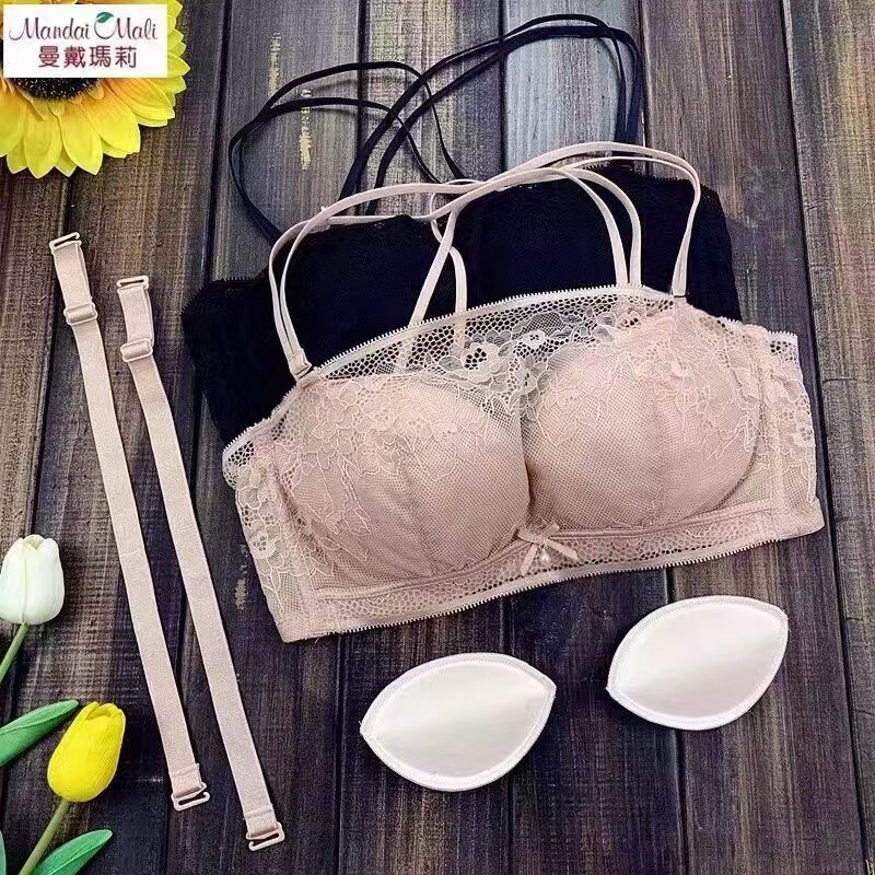 曼戴玛莉无钢圈蕾丝抹胸中厚B杯内衣女黑色性感交叉美背胸罩M7252