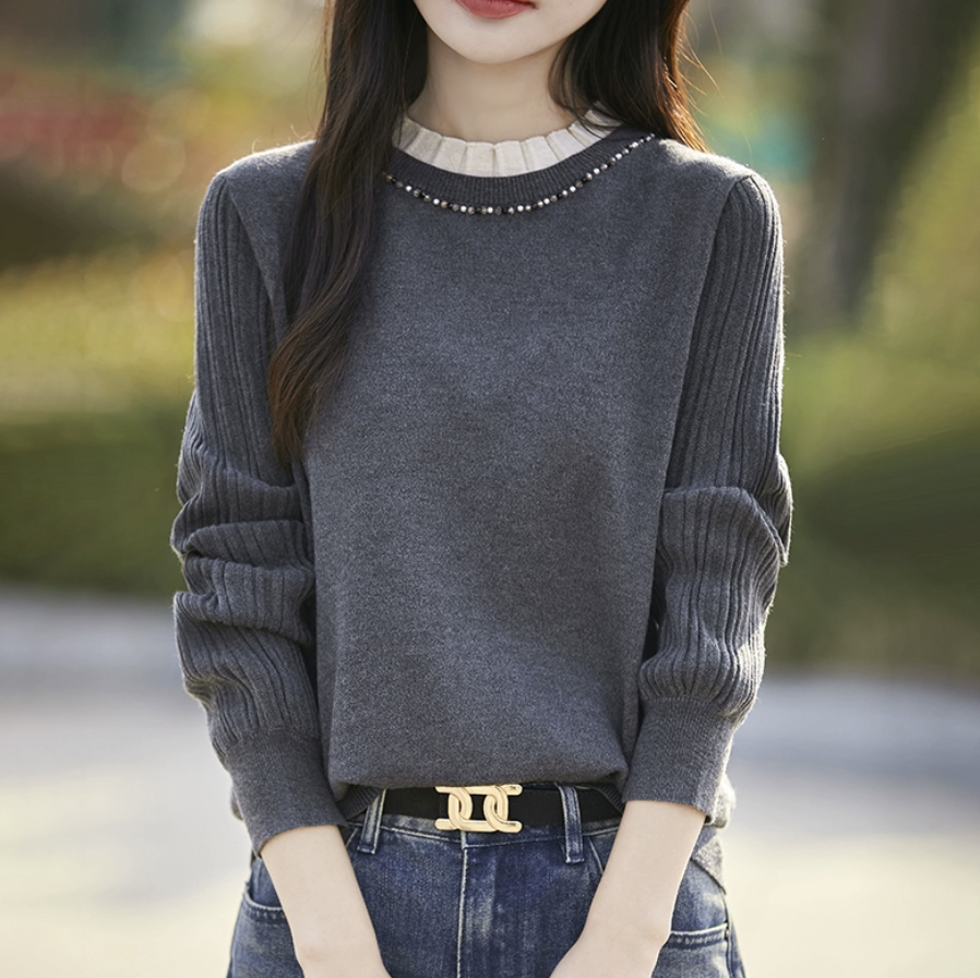 法式花边领钉珠针织打底衫女20毛针织衫