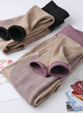 兄华女士中厚蚕丝羊毛保暖裤加绒贴片护膝高腰发热打底绒裤98352B