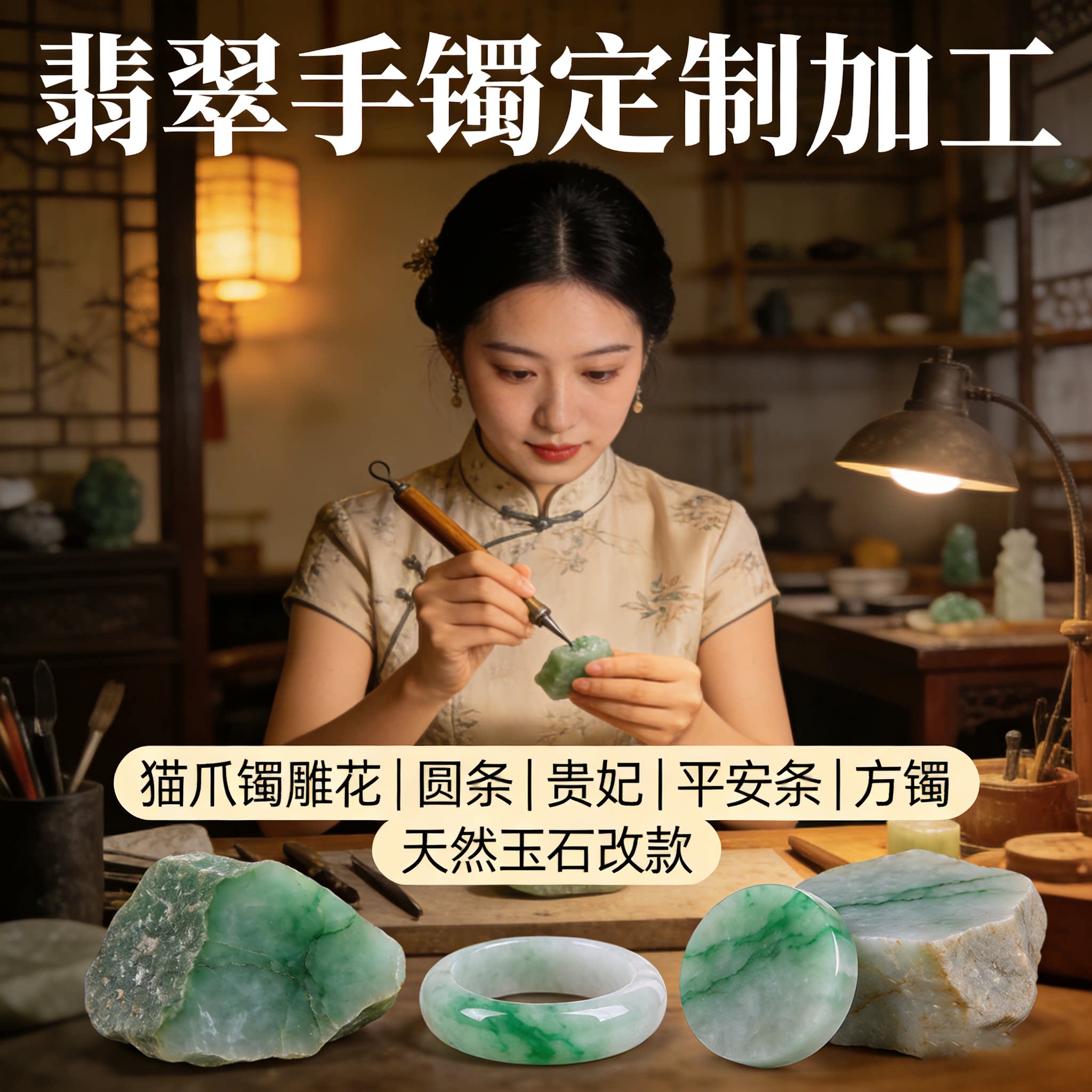 各类玉石手镯来料加工方镯圆条平安条贵妃泥鳅叮当条雕花手镯定制