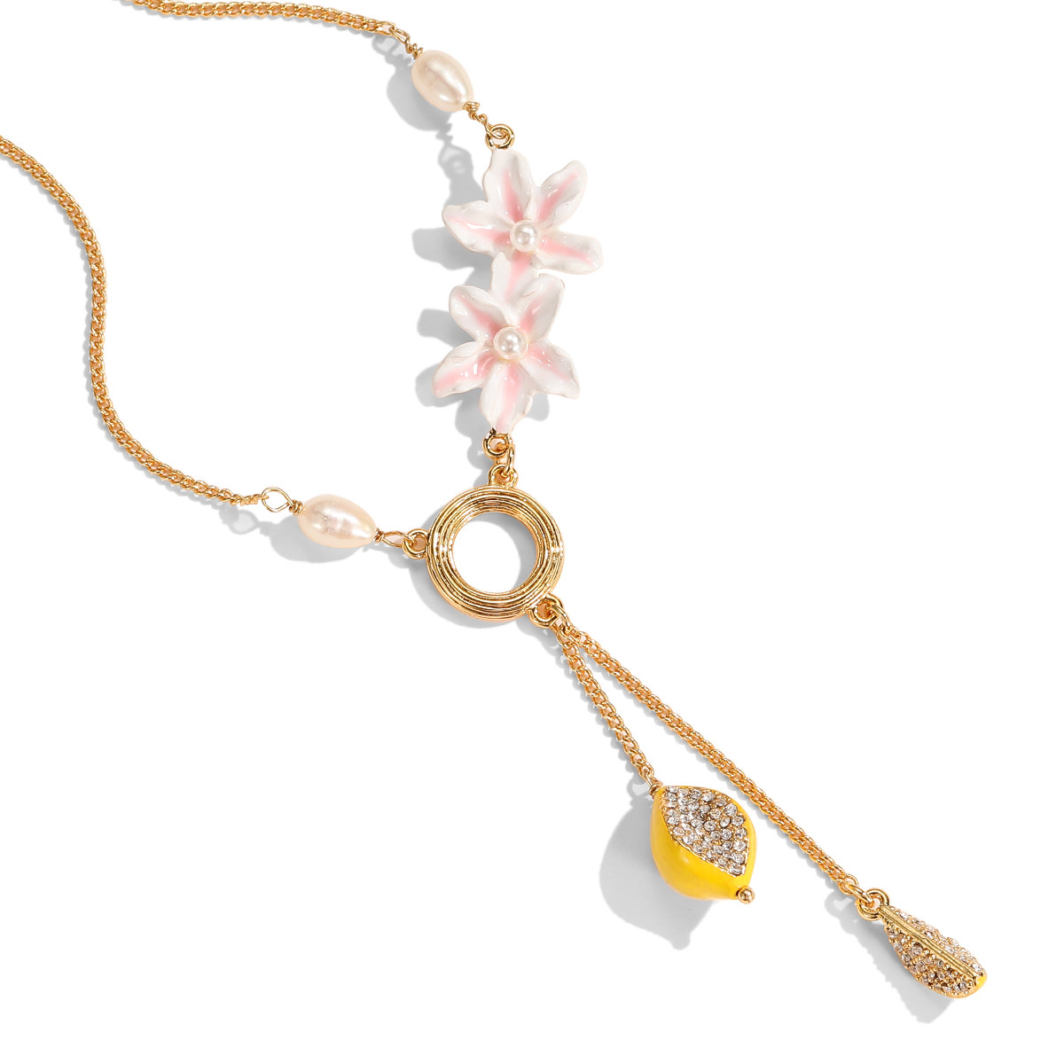 清新时尚镶嵌珍珠彩釉渐变粉白花镶钻黄色柠檬长款流苏坠锁骨项链