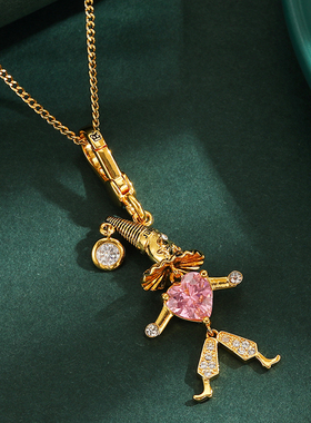 粉色爱心水晶镶钻小丑吊坠项链潮