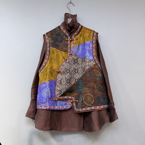 老钱风拼接马甲2026新中式高端品质立领斜扣无袖上衣