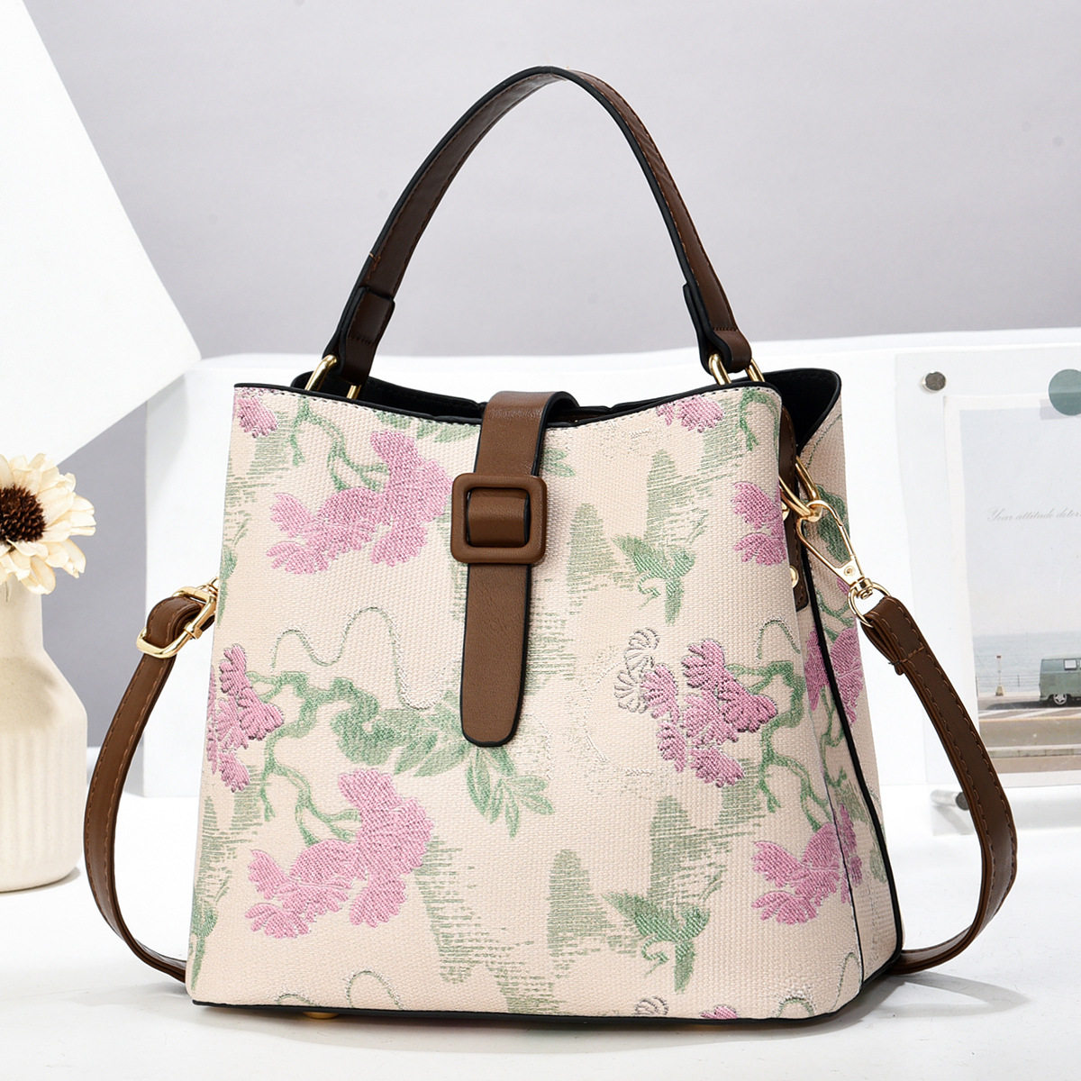 水桶包bag时尚女包中年妈妈包国风印花手提包单肩斜挎包外贸bags,箱包皮具/热销女包/男包,单肩包,淘宝优惠券,粉丝福利购,淘宝优惠卷