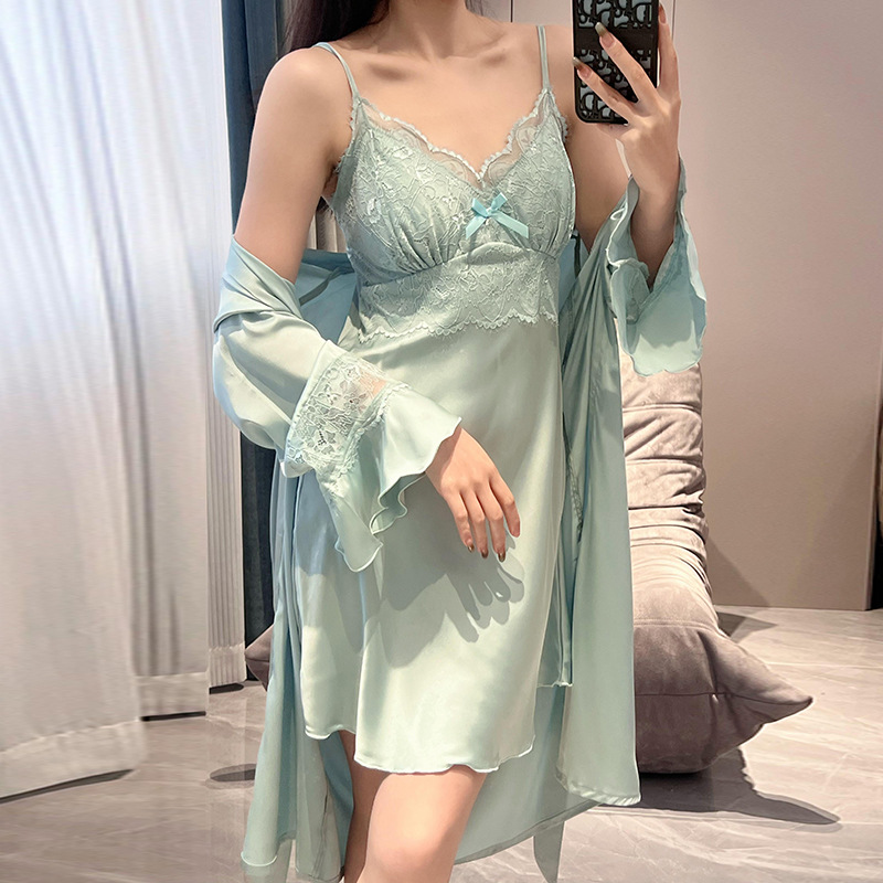 冰丝绸吊带睡裙女春夏季性感带胸垫2025年新款睡袍家居服两件套