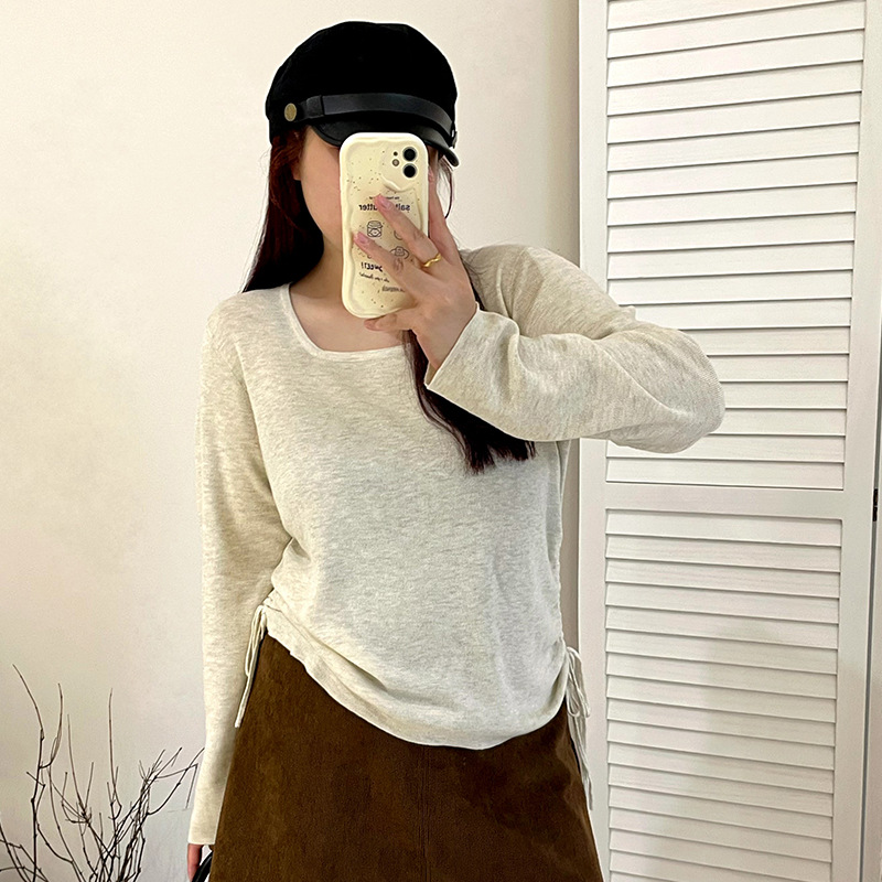 大码女装休闲百搭方领上衣2025秋胖mm宽松侧边抽绳针织衫女23082