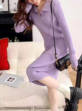 秋冬新款长袖过膝外穿翻领毛衣裙配大衣打底裙潮紫色针织连衣裙女