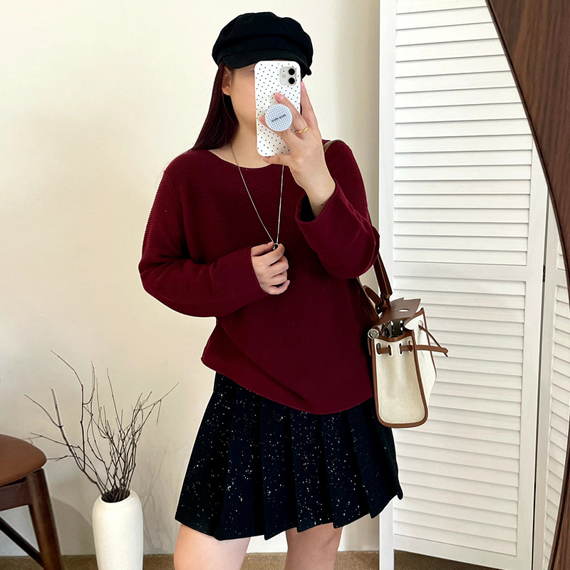 大码女装气质宽松慵懒感毛衣2025秋胖mm百搭一字领针织衫女23177