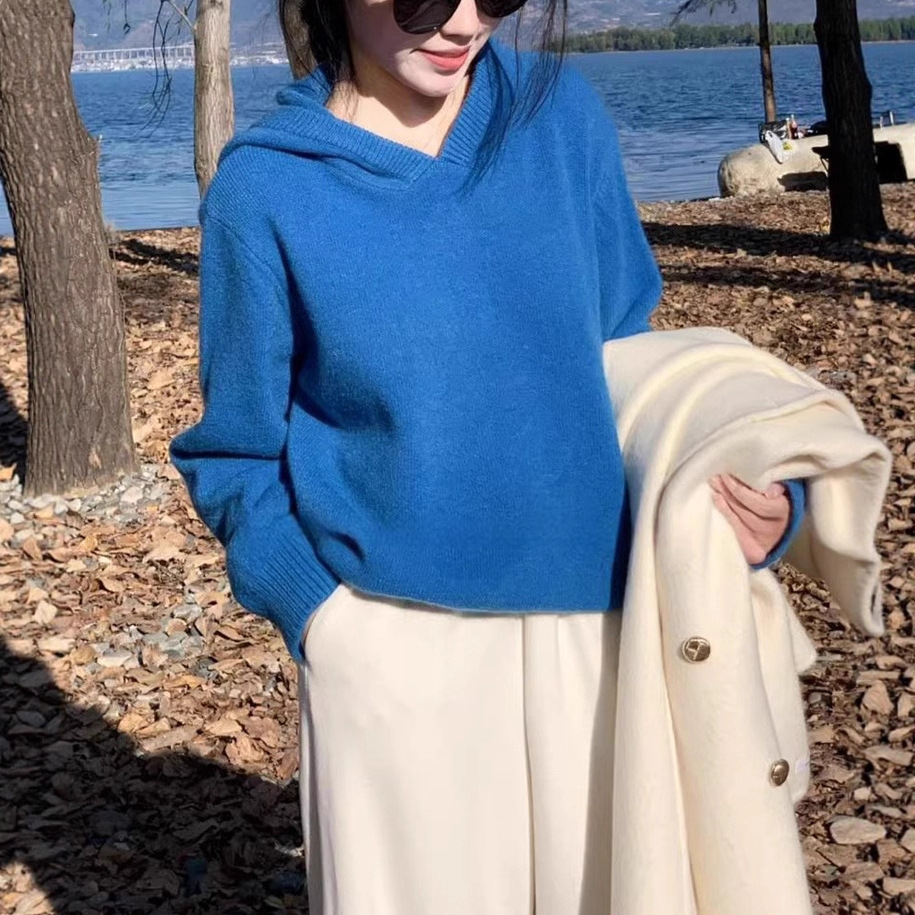 蓝色连帽毛衣外套女秋季2025新款宽松百搭慵懒风卫衣款针织衫上衣