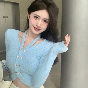 百搭修身 软糯挂脖长袖 新款 针织打底衫 显瘦小个子双排扣上衣 女春季