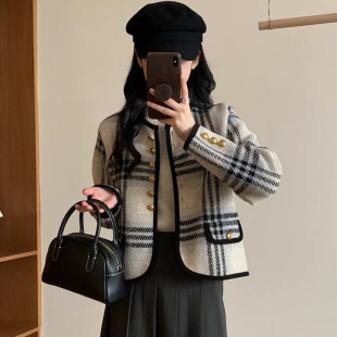 2024新款洋气小个子短款毛呢上衣早秋小香风复古格子外套女秋冬款