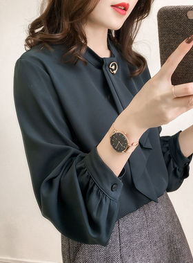 大码女装秋装新款时尚纯色宽松灯笼袖雪纺衫女长袖上衣韩范衬衣