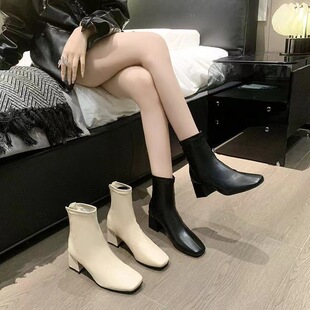 2023新款秋冬中跟短靴女方头粗跟马丁靴女韩版后拉链短筒女式靴子
