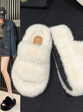 7CM厚底双条毛毛鞋女士平底保暖毛绒拖鞋时尚家居软底毛毛拖鞋女