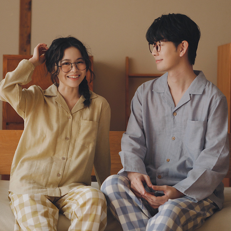 归真69-无印睡衣女春秋季纯棉情侣家居服全棉纱布高级感长袖套装