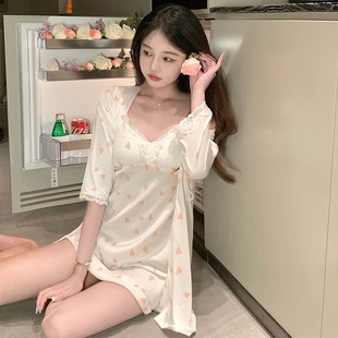 性感睡衣女冰丝带胸垫薄款 2025新款 爱心图案吊带睡裙两件套家居服